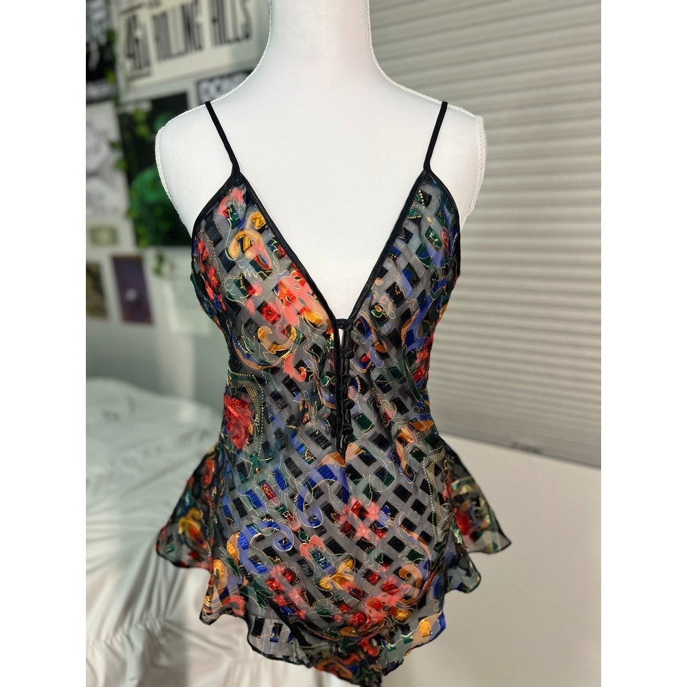 Gold Label Victoria's Secret Vintage Teddy M Floral Sheer Mesh Black Multicolor - Picture 4 of 7